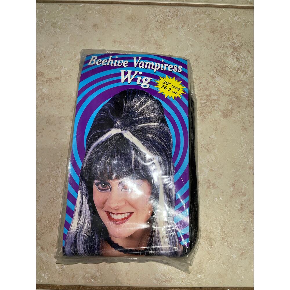 VAMPIRESS MONSTER BRIDE BLACK BEEHIVE WIG WITH WHITE STREAK COSTUME NEW